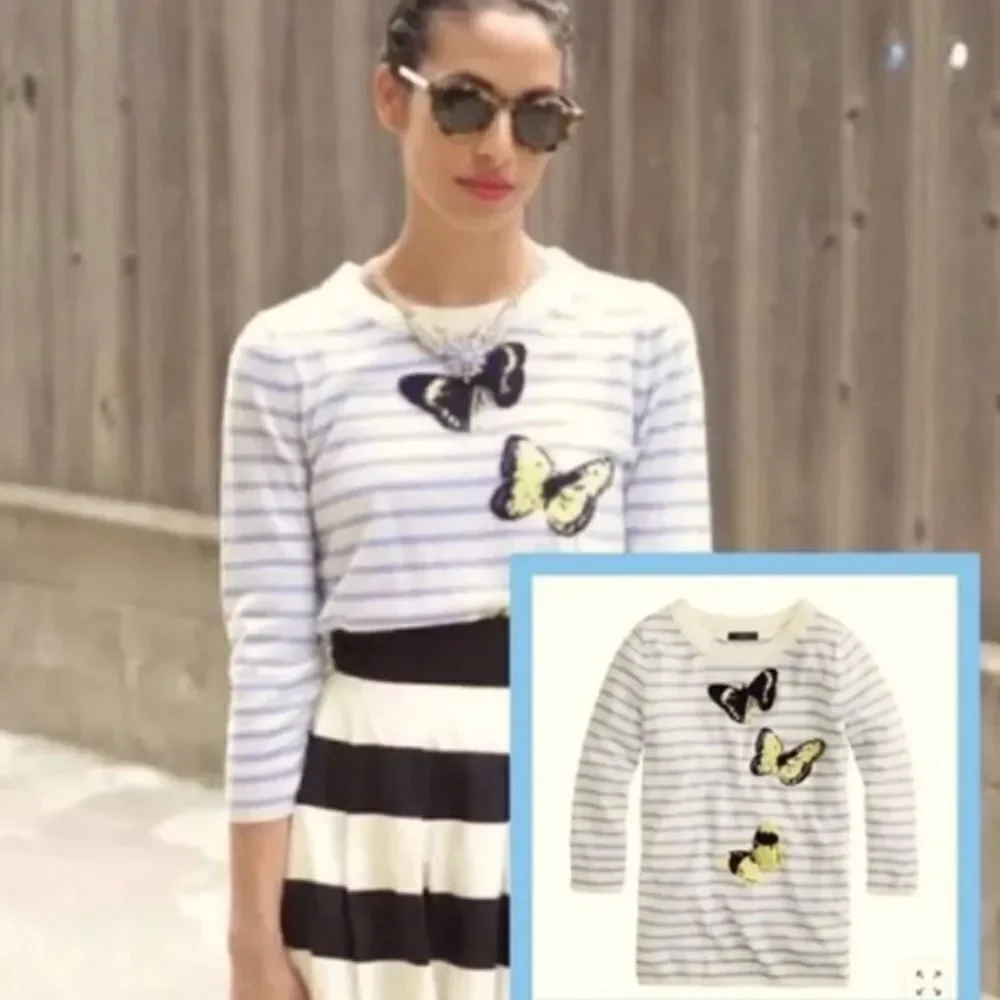 J.Crew Merino “Tippi” Wool Ivory Blue Crew Neck Striped Butterflies Sweater • XS